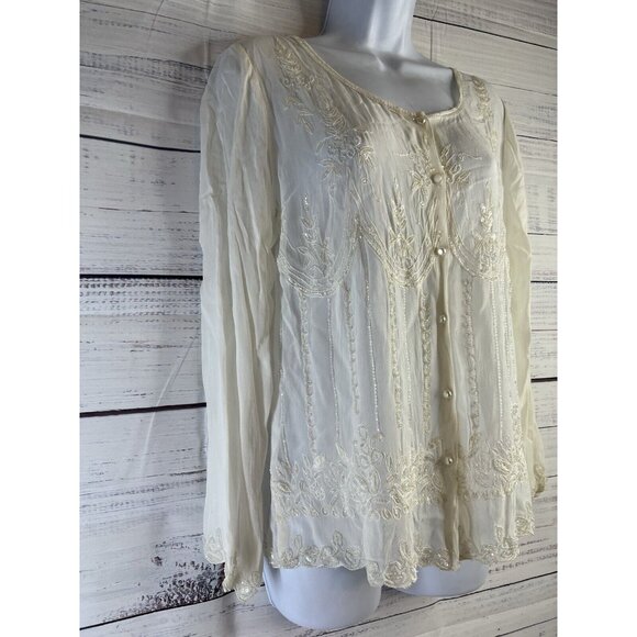 Vintage Soft Surroundings Sheer White Sequence Beaded Blouse M Whimsygoth Fairy - Picture 2 of 12